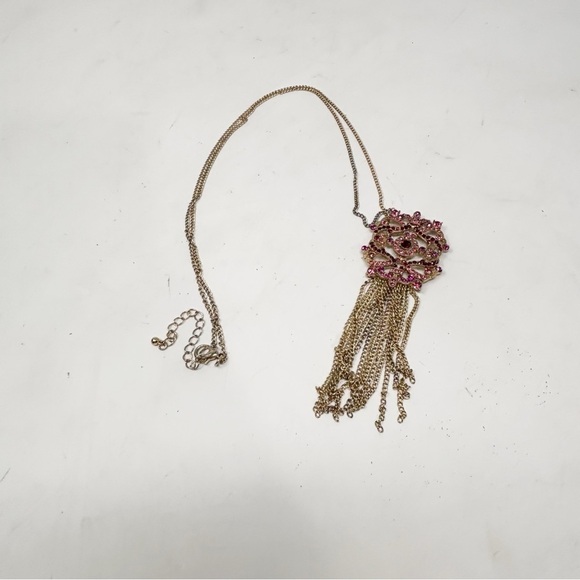 Round Entwined Pink Red Stone Filigree Necklace With Fringe Detail Up To 24” - Picture 6 of 8